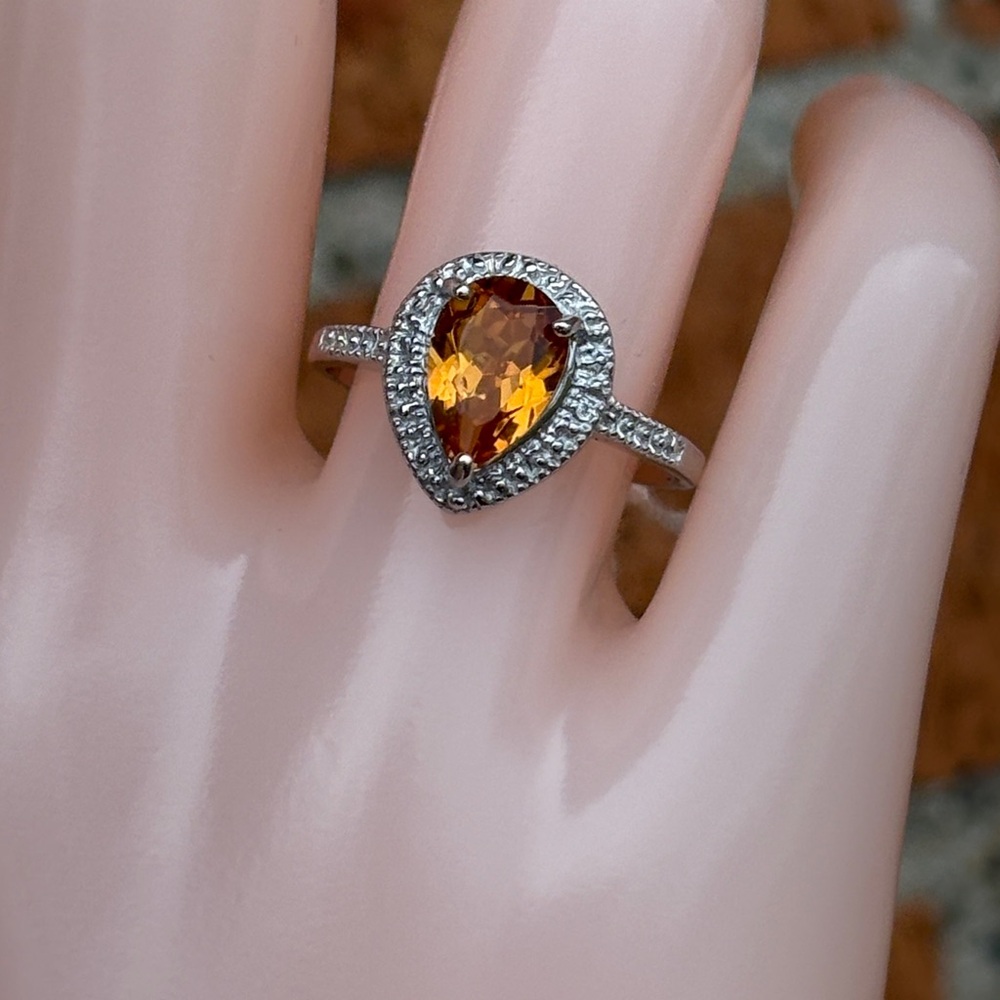 Pear Cut 1.40 ct Natural Citrine & Diamond Accent Halo Sterling Ring Size 7 - Picture 3 of 17